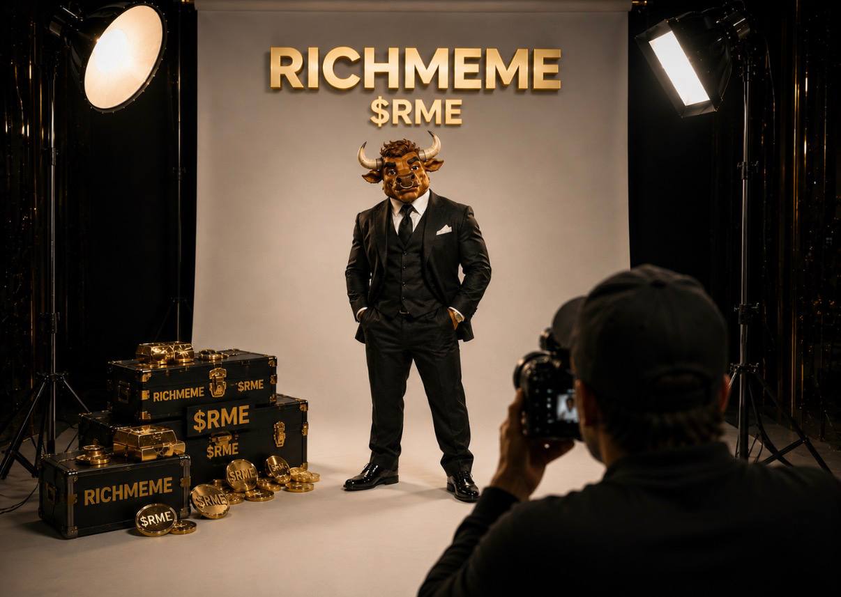 Luxury bull mascot of RICHMEME sitting in a leather chair with a rising Solana chart